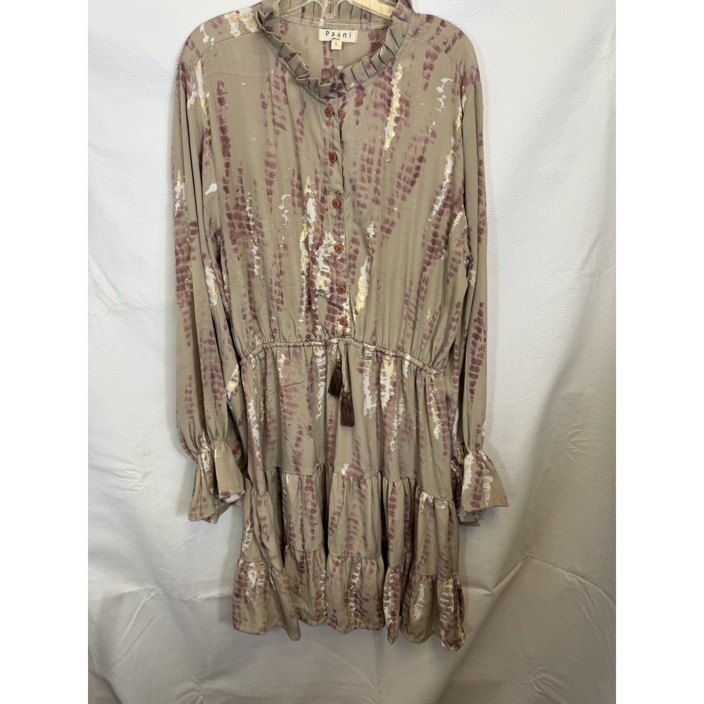 Paani Boho Dress Size Large Brown And Metallic Elastic Waist Pullover Ruffles